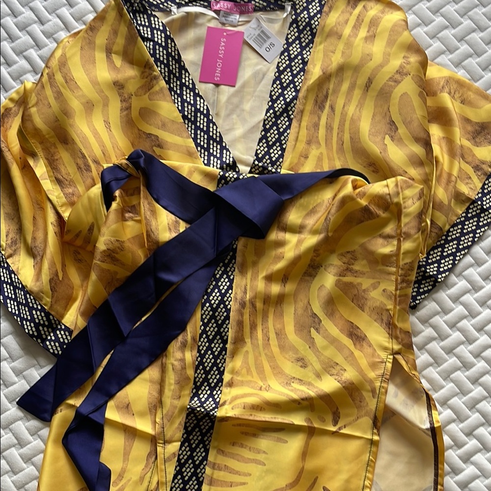 New Gift Ready Sassy Jones Gold and Blue Tie Front Robe with Bell Sleeves